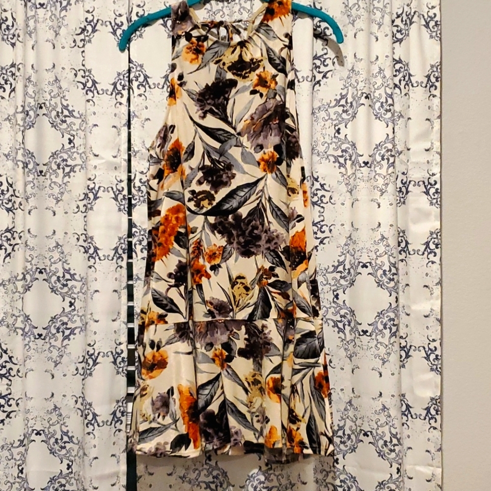 tan dress with fall color pattern